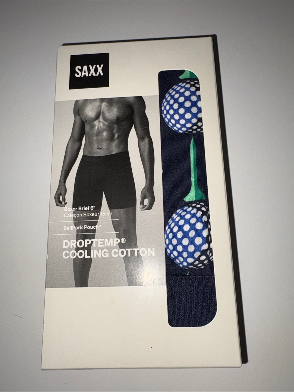 Saxx Navy Boxer Briefs with Blue & White Golf Ball Print